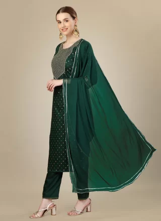 Green Silk Blend Salwar Suit with Embroidered and Sequins Work