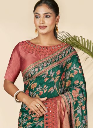 Green Silk Classic Sari with Floral Patch Work