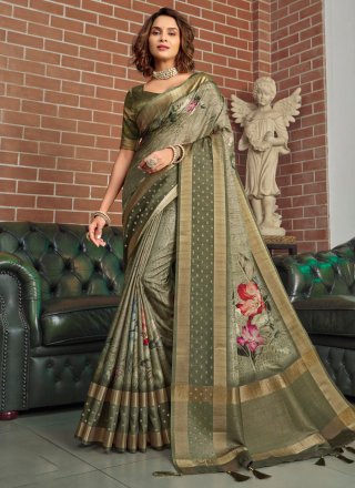 Green Silk Designer Saree with Floral Patch Work