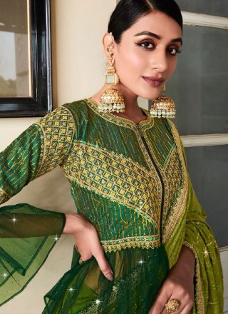 Green Silk Designer Saree with Patch Border and Embroidered Work