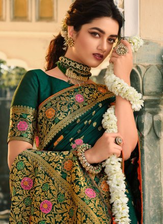 Green Silk Designer Sari with Woven Work for Ceremonial