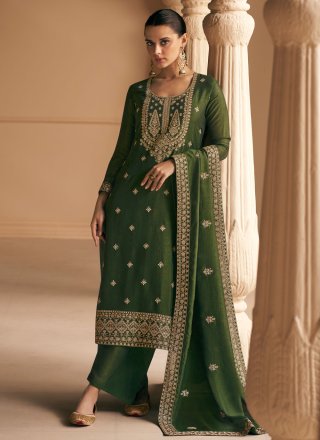 Green Silk Embroidered and Resham Work Palazzo Salwar Suit for Ceremonial