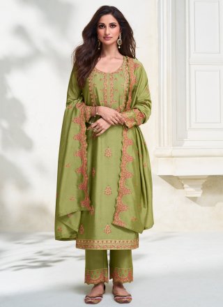 Green Silk Embroidered and Resham Work Salwar Suit