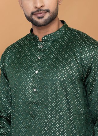 Green Silk Embroidered and Sequins Work Kurta Pyjama for Engagement