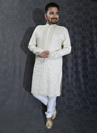 Green Silk Embroidered, Sequins and Thread Work Kurta Pyjama for Men