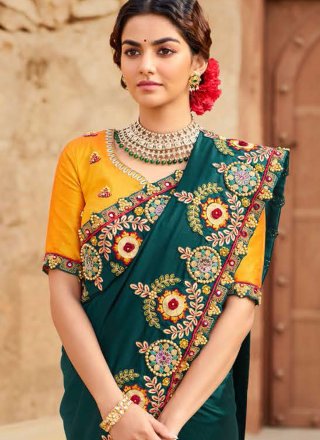 Green Silk Embroidered Work Classic Saree for Party