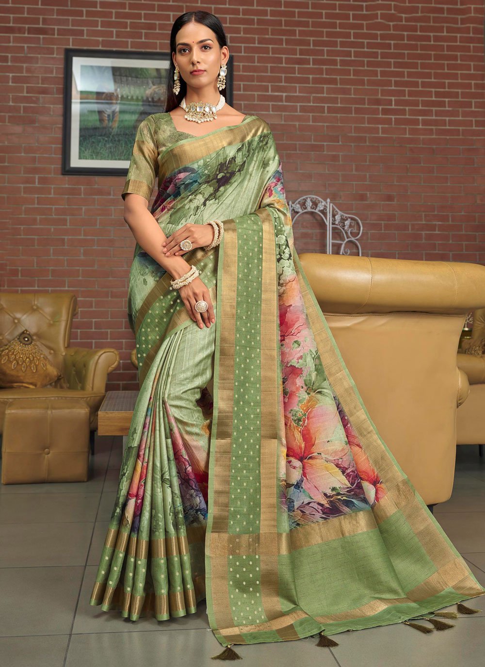 Green Silk Floral Patch Work Contemporary Sari for Ceremonial