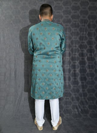 Green Silk Kurta Pyjama with Embroidered, Sequins and Thread Work for Men