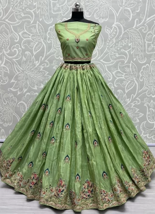 Green Silk Lehenga Choli with Embroidered, Sequins and Zari Work