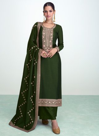 green silk palazzo salwar suit with embroidered and resham work for women 272604