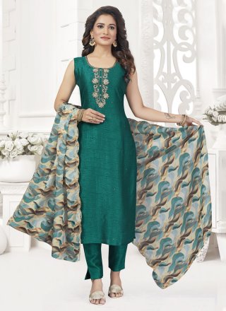 Green Silk Readymade Salwar Suit with Embroidered Work