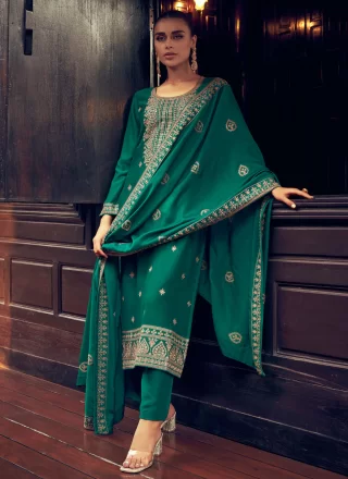 Green Silk Salwar Suit with Embroidered and Resham Work for Ceremonial