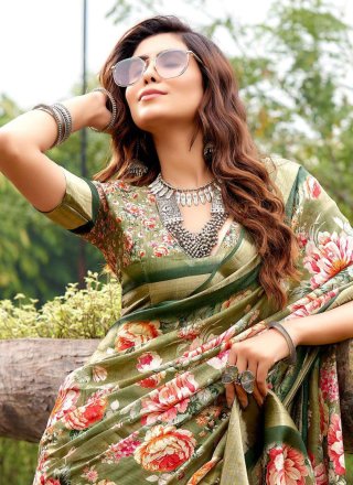 Green Silk Silk Saree with Print Work for Women