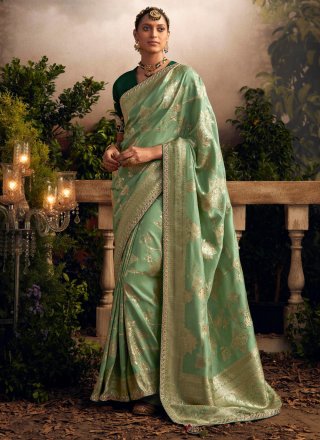 Green Silk Trendy Saree with Embroidered and Weaving Work
