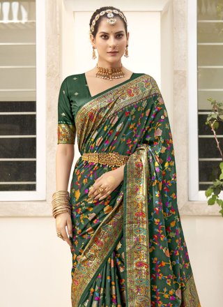 Green Silk Weaving Work Contemporary Sari