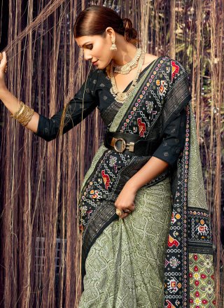 Green Tussar Silk Foil Print Work Classic Sari for Casual