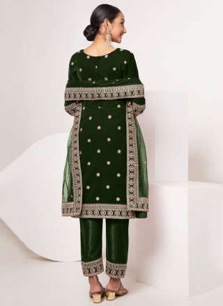 Green Velvet Pant Style Suit with Embroidered Work