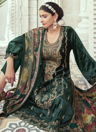 Green Velvet Trendy Suit with Embroidered Work