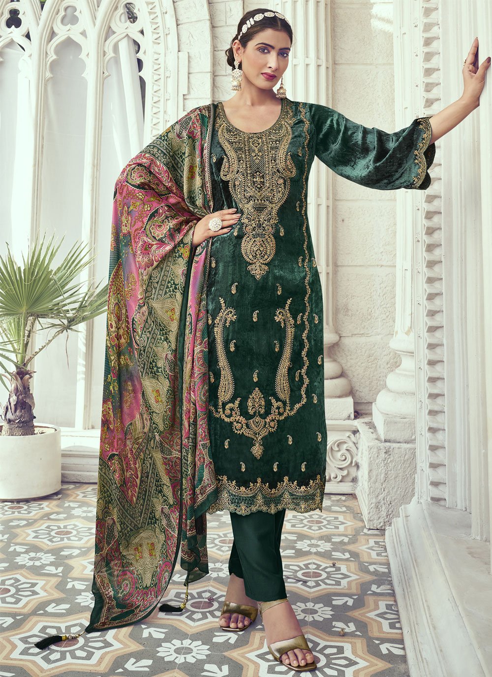 Shop Online Green Velvet Trendy Suit with Embroidered Work 275604