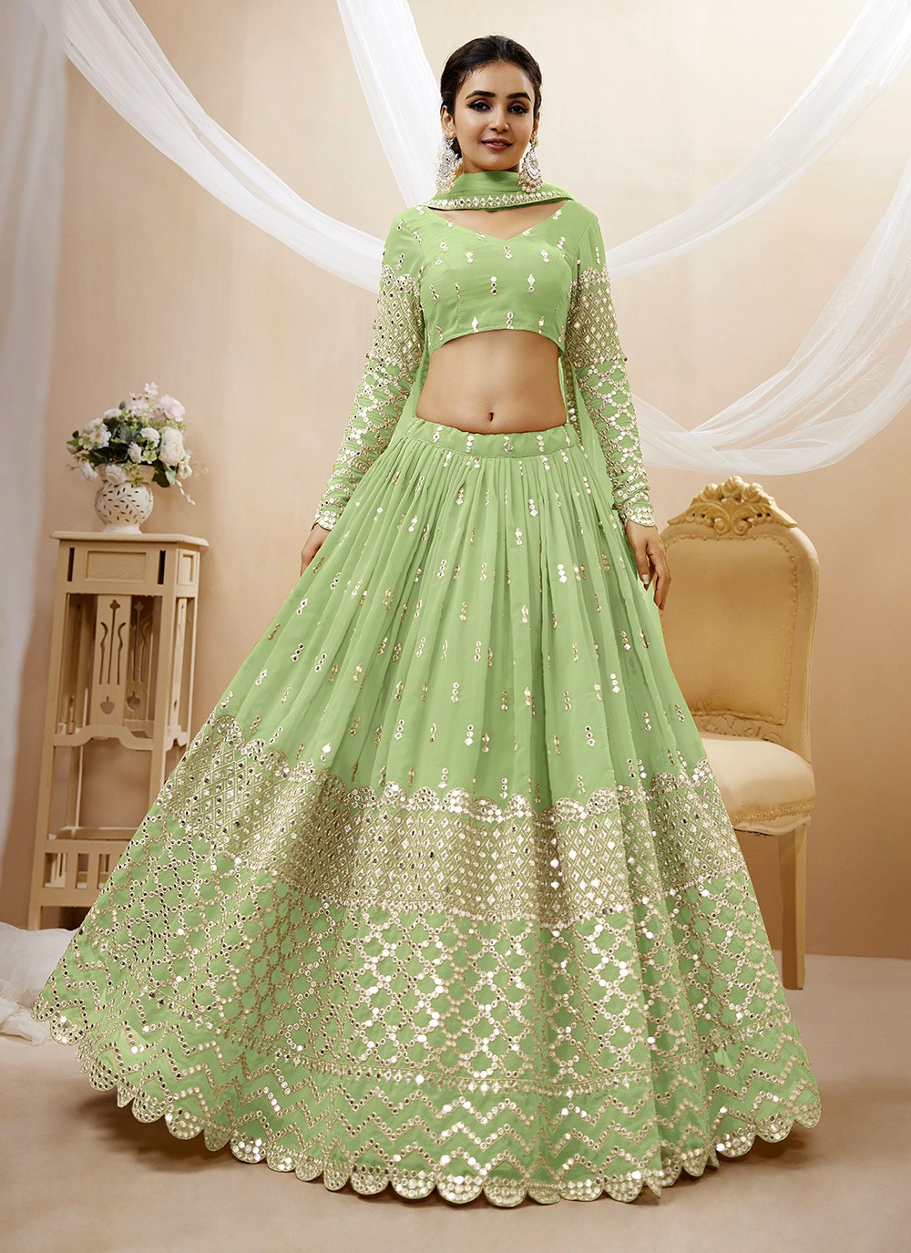 Soft Net Embroidery Lehenga Choli In Pista Green Colour - LD4900029