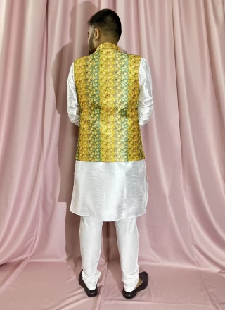Green, White and Yellow Wedding Silk Kurta Payjama With Jacket