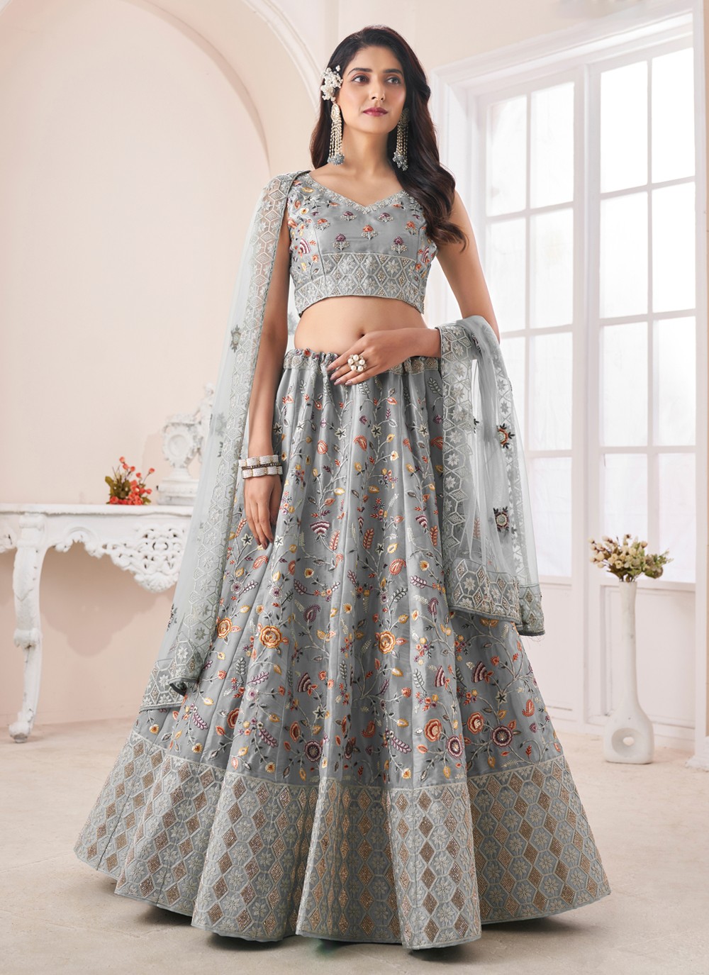 Gray Designer Embroidered Net Wedding Kurti Style Lehenga | Saira's Boutique