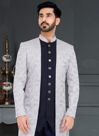 Grey and Navy Blue Jacquard Weaving Indo Western