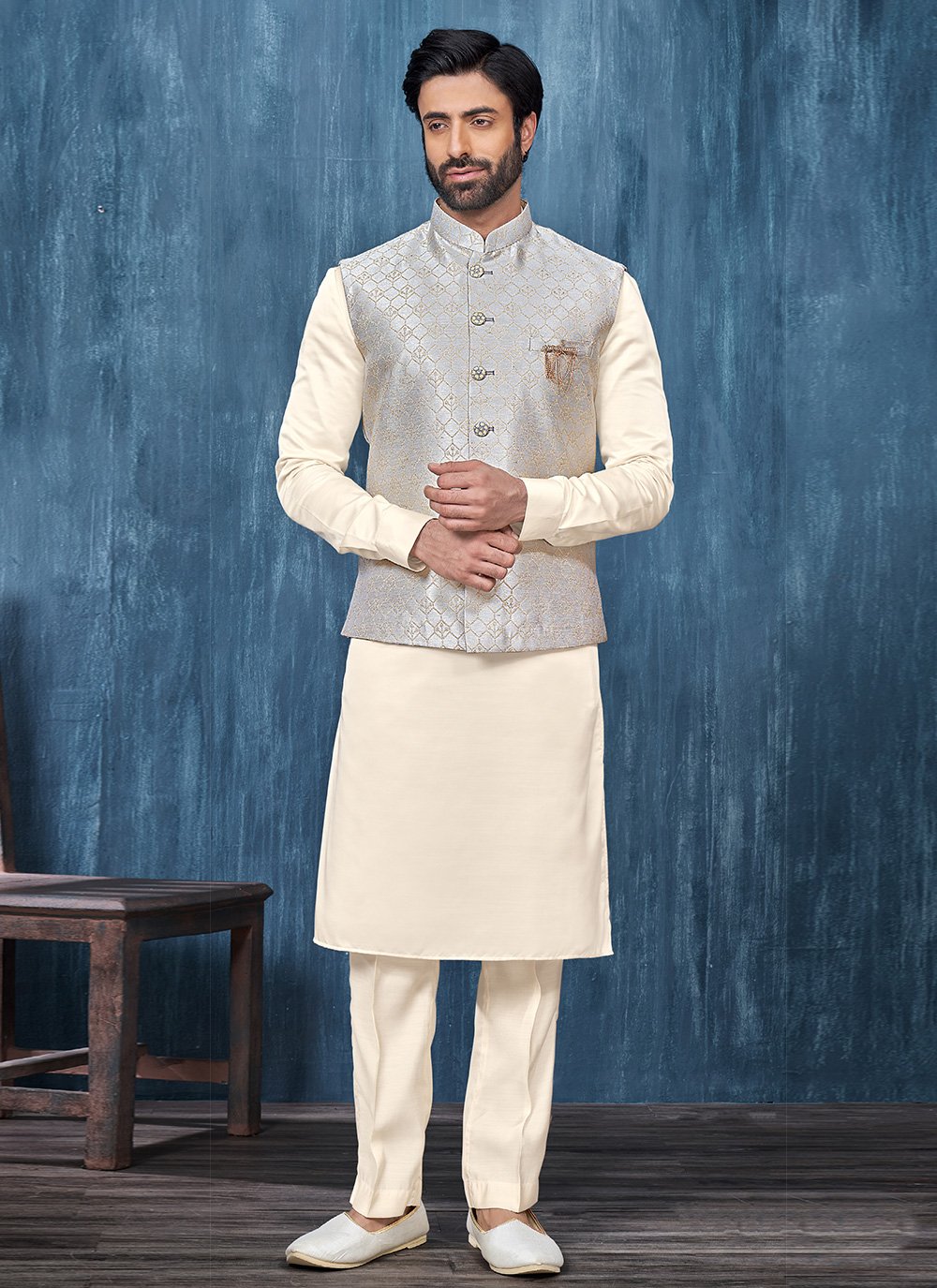 Grey and Off White Jacquard Kurta Payjama with Jacket with Fancy Work for Ceremonial