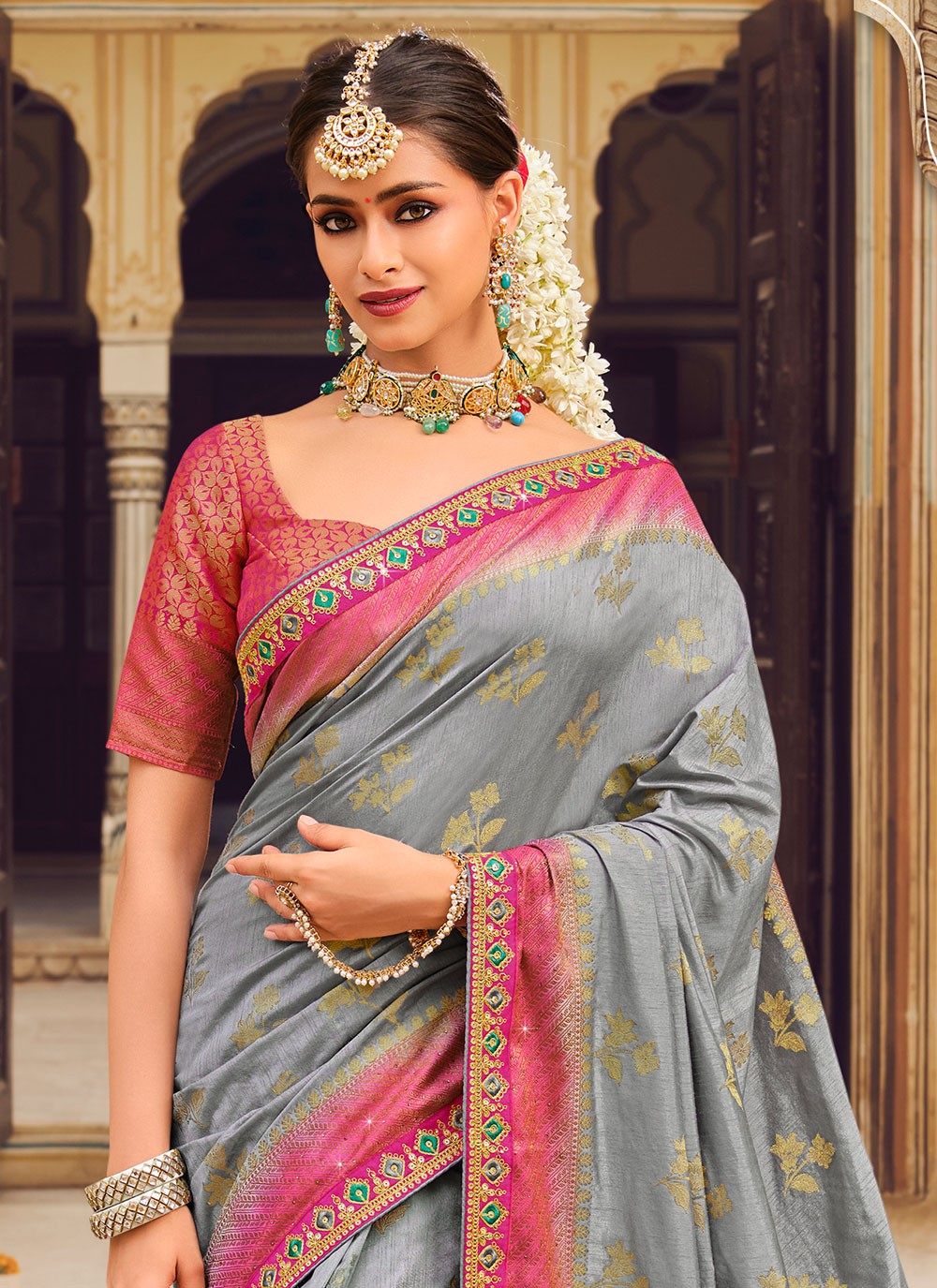 blazik litchi silk pink grey combination saree