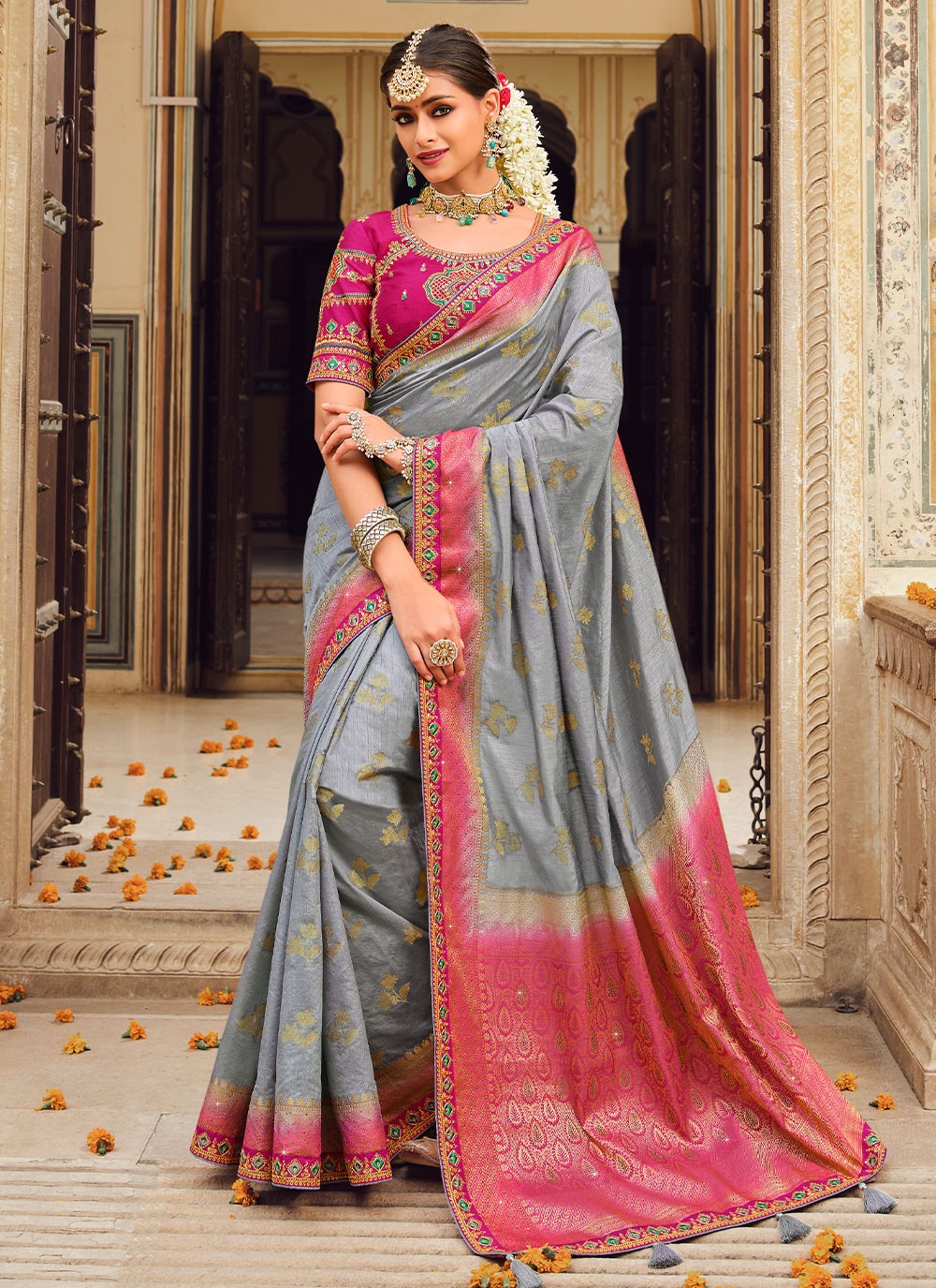 Aqua Blue Saree with Pink Border in Banarasi Lichi Silk with Heavy  Embroidery Blouse in USA, UK, Malaysia, South Africa, Dubai, Singapore