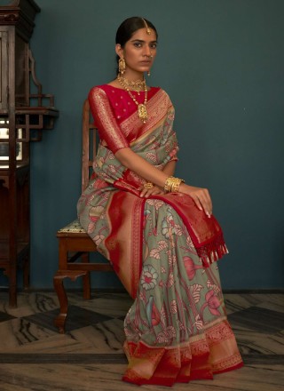 Grey and Red Floral Print Tussar Silk Trendy Saree