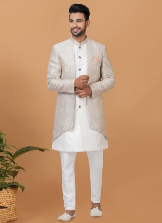 Grey and White Dupion Silk Fancy Indo Western Sherwani