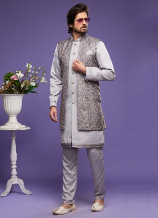 Grey Art Banarasi Silk Festival Kurta Payjama With Jacket