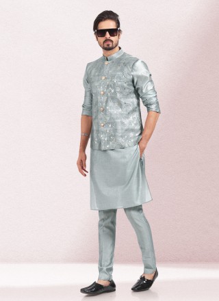 Grey Art Banarasi Silk Kurta Payjama With Jacket