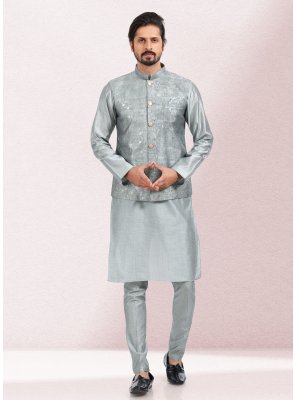 Grey Art Banarasi Silk Kurta Payjama With Jacket
