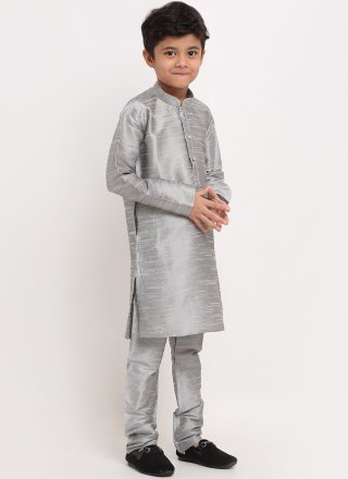 Grey Art Dupion Silk Kurta Pyjama In Plain for Kid
