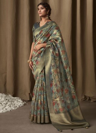 Grey Banarasi Jacquard Classic Sari with Digital Print Work