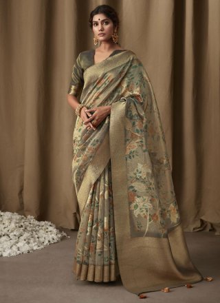 Grey Banarasi Jacquard Designer Saree with Digital Print Work