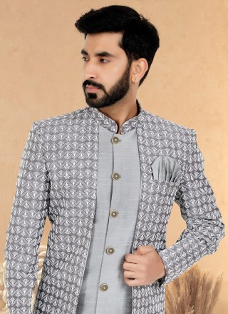 Grey Banarasi Silk Embroidered Indo Western