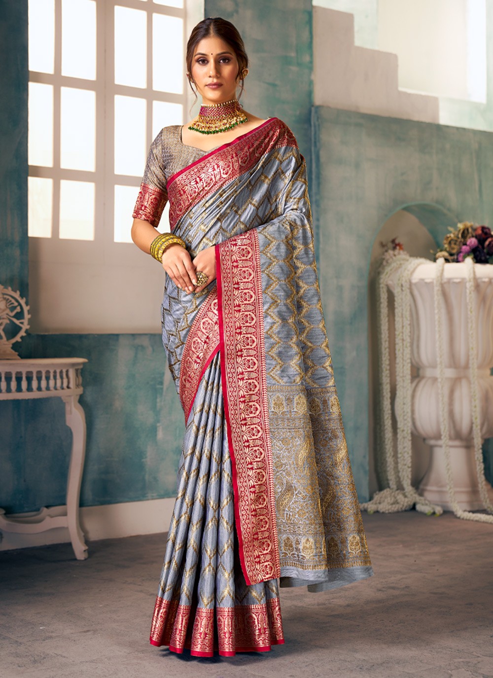 Grey Banarasi Silk Engagement Designer Traditional Saree