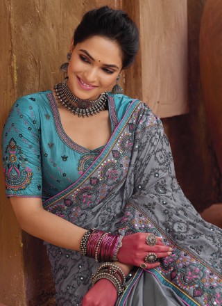 Grey Banarasi Silk Mirror Classic Saree