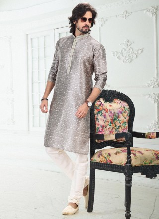 Grey Ceremonial Banarasi Silk Kurta Pyjama