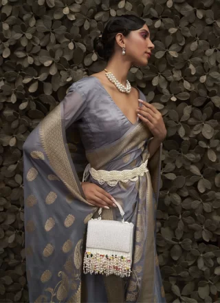 Grey Chinon Classic Sari with Weaving Work