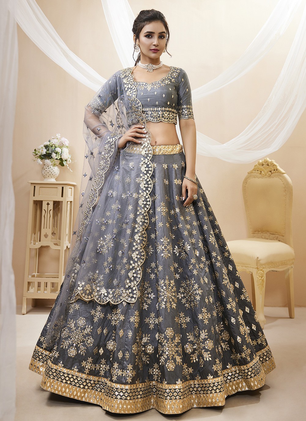 Buy Grey Net Embroidered Geometric Stripe Pattern Bridal Lehenga Set For  Women by Aneesh Agarwaal Online at Aza Fashions.