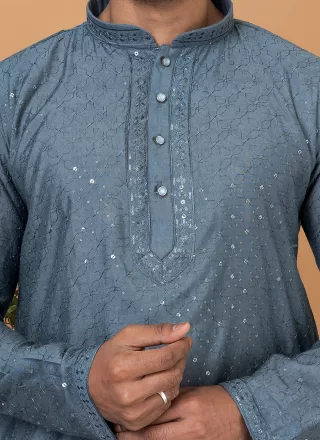 Grey Cotton Kurta Pyjama with Embroidered and Sequins Work for Engagement