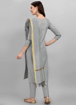 Grey Cotton Silk Embroidered Work Readymade Salwar Suit for Festival