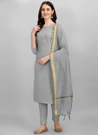 Grey Cotton Silk Embroidered Work Readymade Salwar Suit for Festival