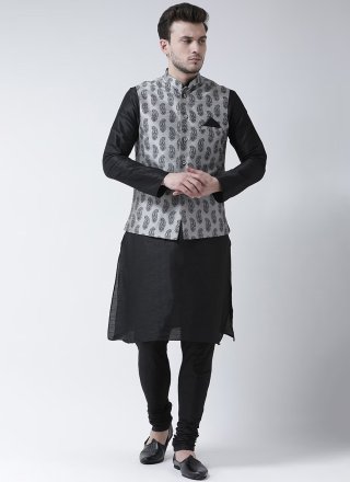 Grey Dupion Silk Nehru Jackets with Print Work for Men