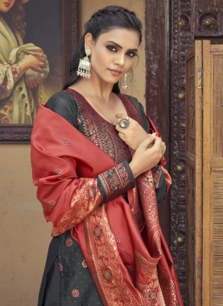 Grey Embroidered Banarasi Silk Salwar Suit