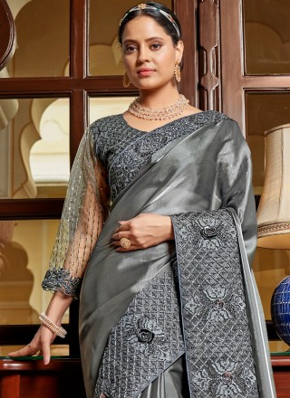Grey Embroidered Chiffon Trendy Saree